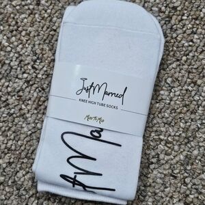 Just Married White Knee High Tube Socks With Stripes